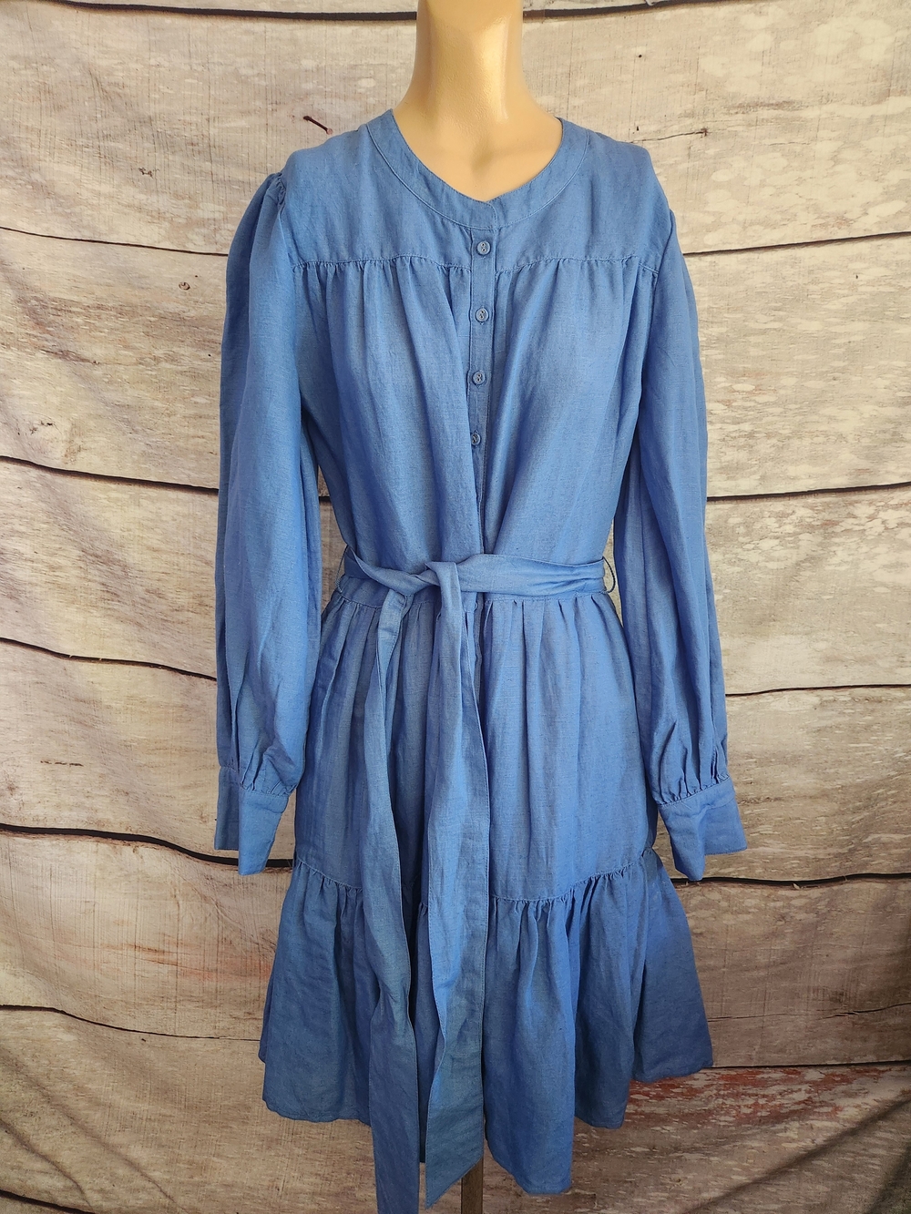 Sundance Blue Linen Long-Sleeve Tiered Midi Dress with Waist Tie